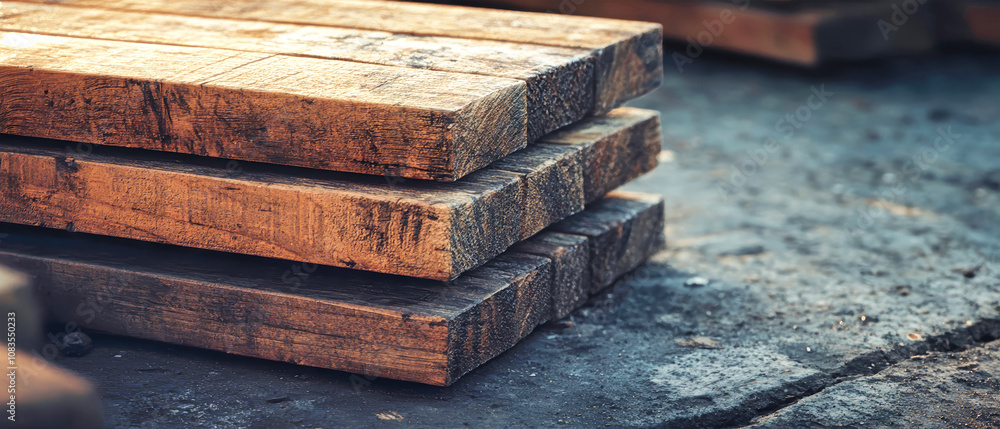 Poster close-up view of a stack of weathered wooden planks on the ground, ideal for construction projects i