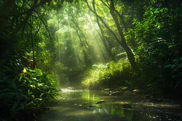 Obraz premium Lush Green Forest with Sun-Dappled Canopy: A Serene Display of Oxygen-Producing Nature’s Vital Role