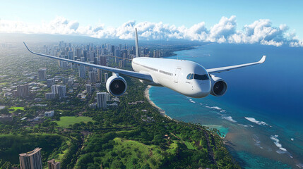 Naklejka premium The plane flew over the seaside city