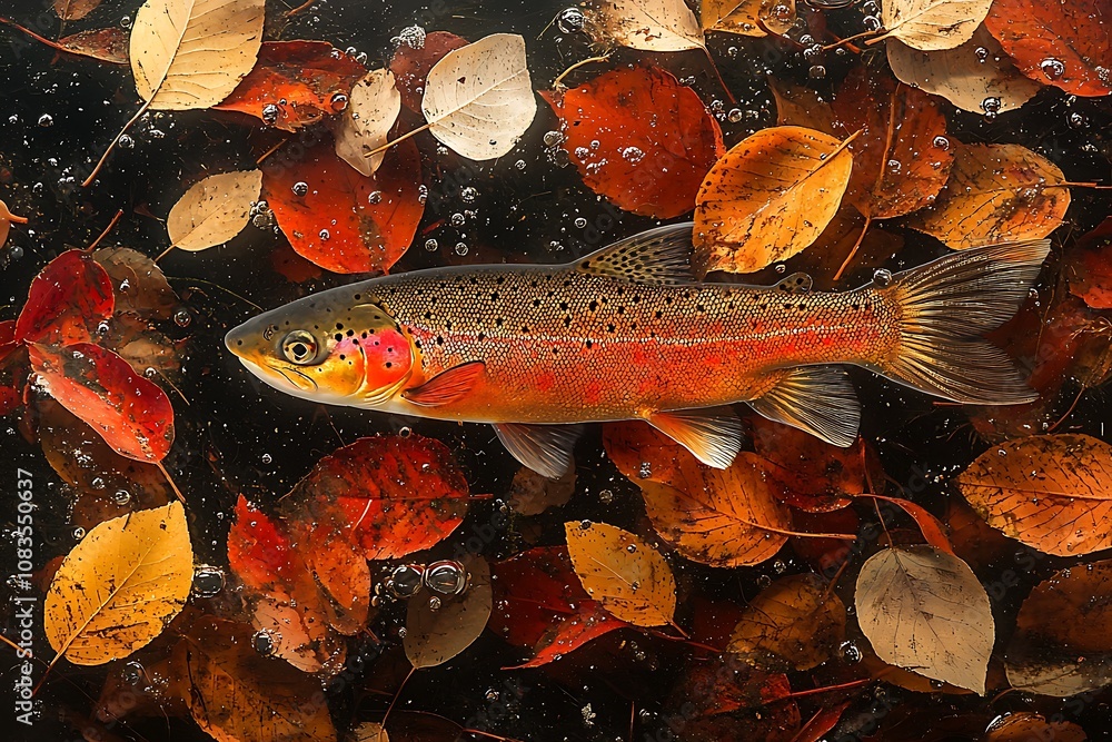 Canvas Prints Autumn Leaves and a Rainbow Trout in a Still Pond.