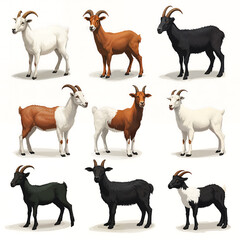 Obraz premium A variety of domestic goats standing in a grid pattern showcasing different colors and breeds against a neutral background