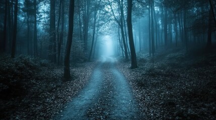 Obraz premium A Foggy Forest Path Leading Through a Mystical Woods