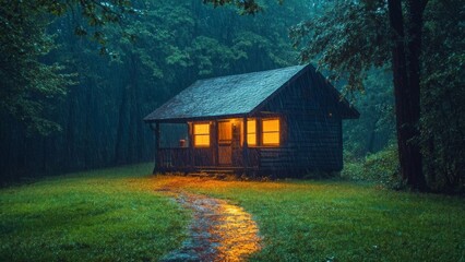 Fototapeta premium A Cabin Illuminated in the Forest Rain