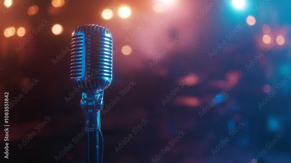Poster a microphone is on a stand in front of a dark background