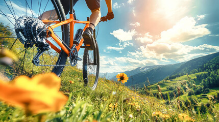 A mountain biker descends through vibrant alpine meadows with yellow flowers under a bright blue sky in the Carpathian Mountains