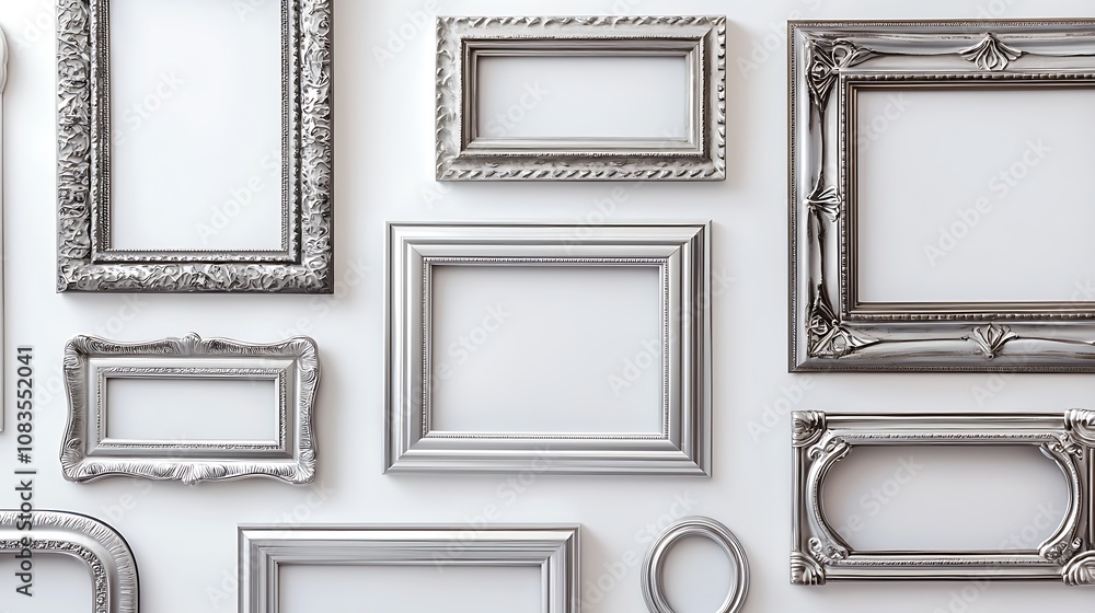 Aufkleber various elegant picture frames in silver color arranged on a light background displaying artistic de