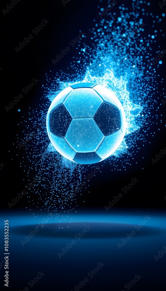 Poster a captivating image of a football disintegrating with glowing particles, ideal for sports and techno