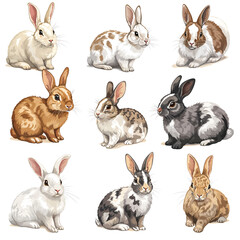 Fototapeta premium Colorful collection of various rabbit breeds in playful poses showcasing their unique fur patterns and colors