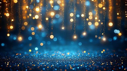 Obraz premium A blue background with golden bokeh lights blur, Abstract glow light blur bokeh background