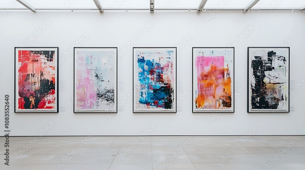 Aufkleber modern abstract art display in gallery setting featuring vibrant colors and dynamic textures on canv