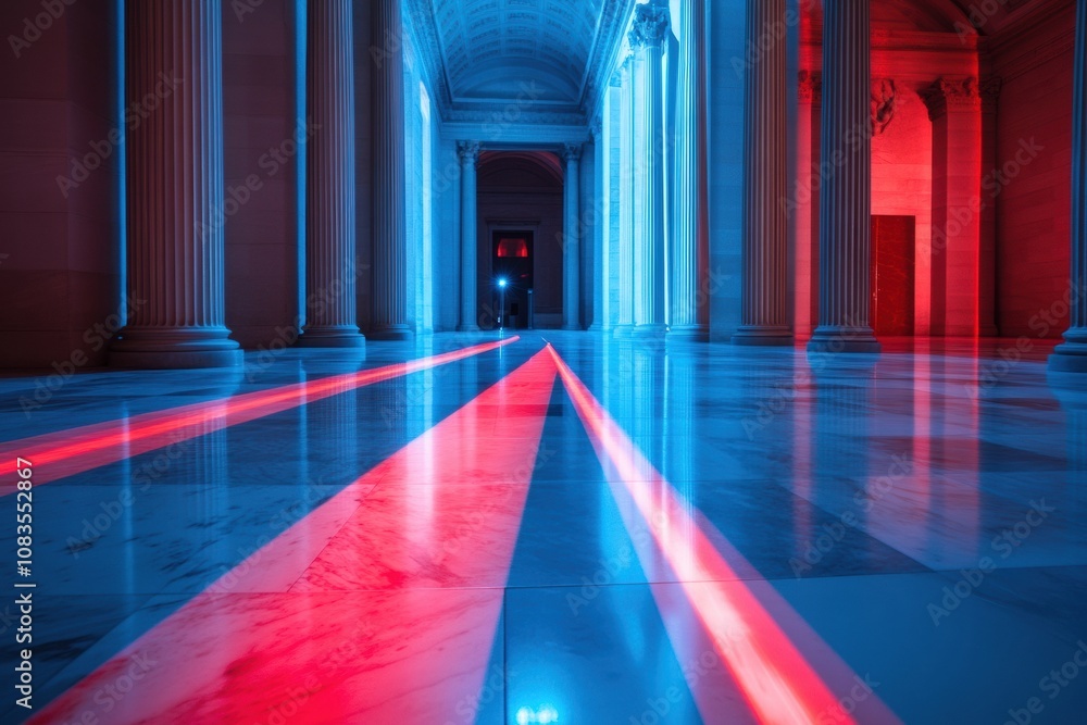 Aufkleber Red laser beams cross the marble floor of a grand hall, reflecting on elegant columns, creating a striking and secure ambiance at night. Generative AI