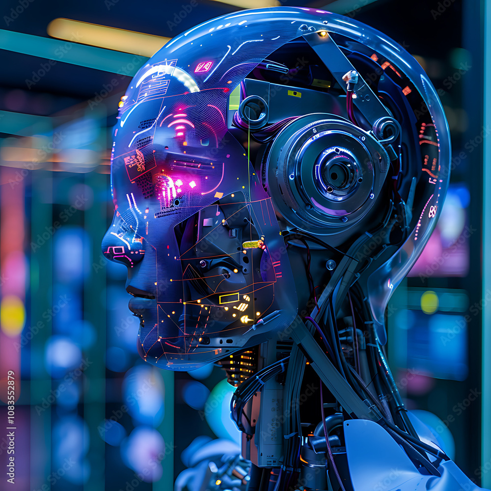 Poster futuristic ai robot head profile with vibrant lights and intricate circuitry, showcasing advanced te