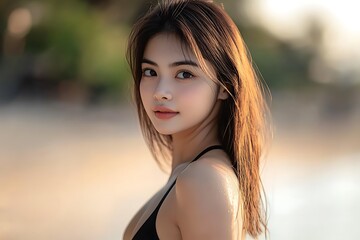 Naklejka premium Portrait of a Beautiful Asian Woman with Long Brown Hair.