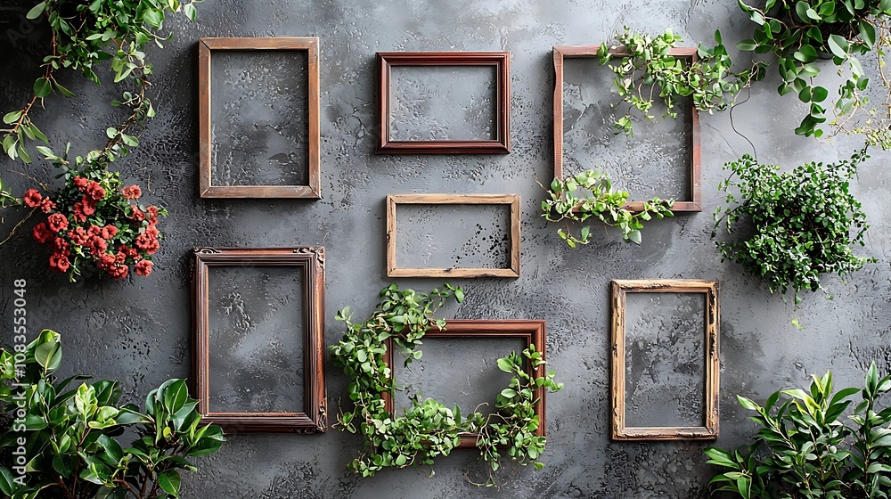 Poster rustic picture frames surrounded by greenery on a textured gray background perfect for displaying ar