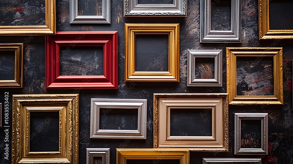 Aufkleber a stylish array of empty picture frames in various designs and colors displayed against a dark, text