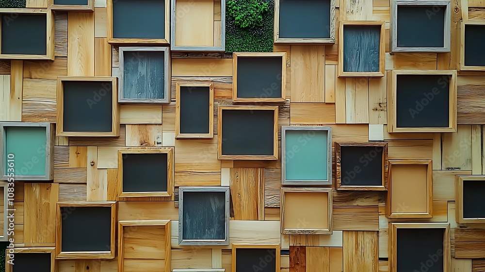 Aufkleber decorative wall featuring an array of empty picture frames in various sizes and colors on a wooden b