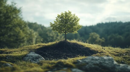 A Single Tree Growing on a Hilltop in a Forest
