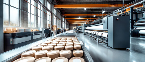 Modern printing house showcasing white paper rolls on the production line with natural light in a vibrant industrial environment