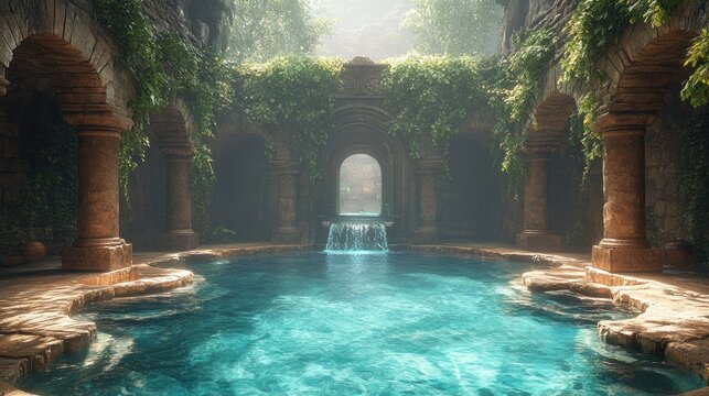 An ancient stone archway leads to a hidden pool of water, surrounded by lush greenery. The mist and sunlight add to the magical atmosphere.