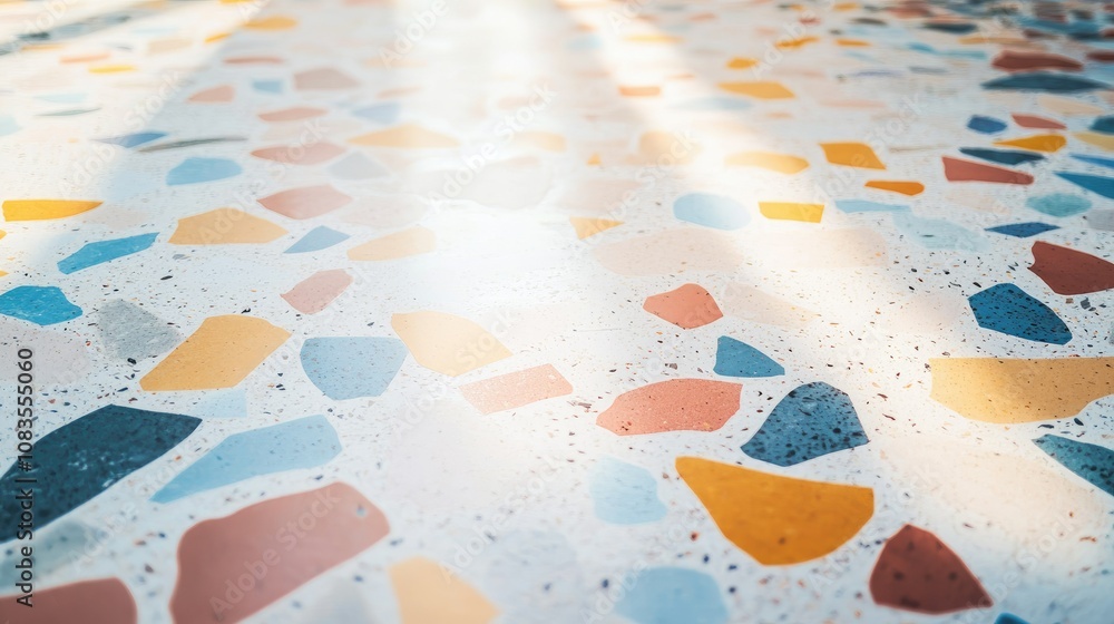 Poster colorful terrazzo floor design with abstract pattern and natural light highlighting various shapes a