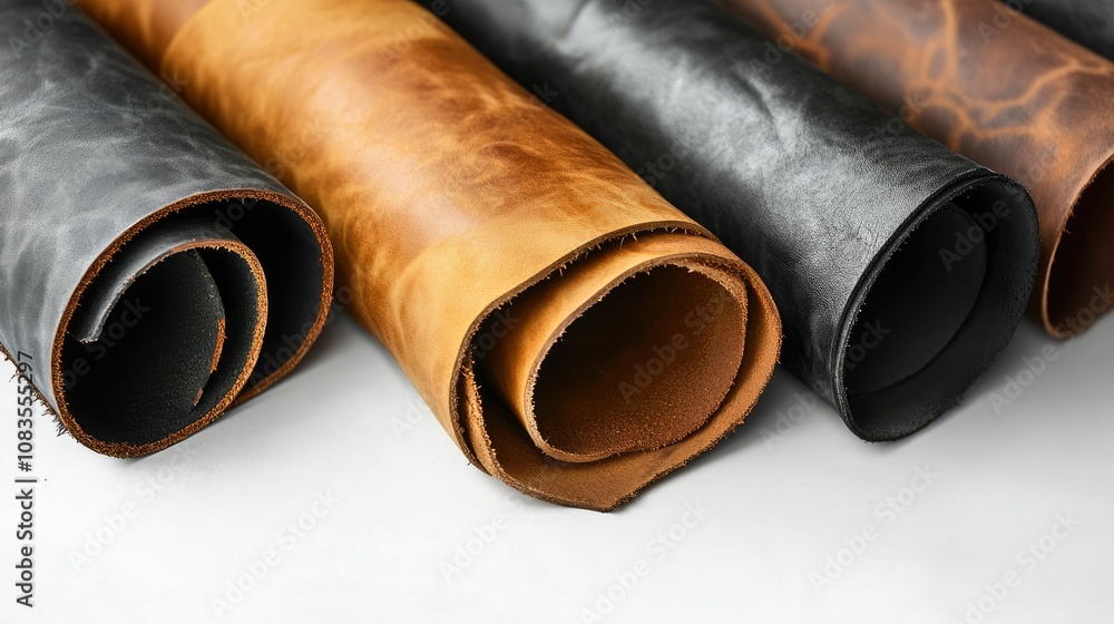 Poster close-up of rolled leather pieces in various colors showcasing textures and patterns for crafting an