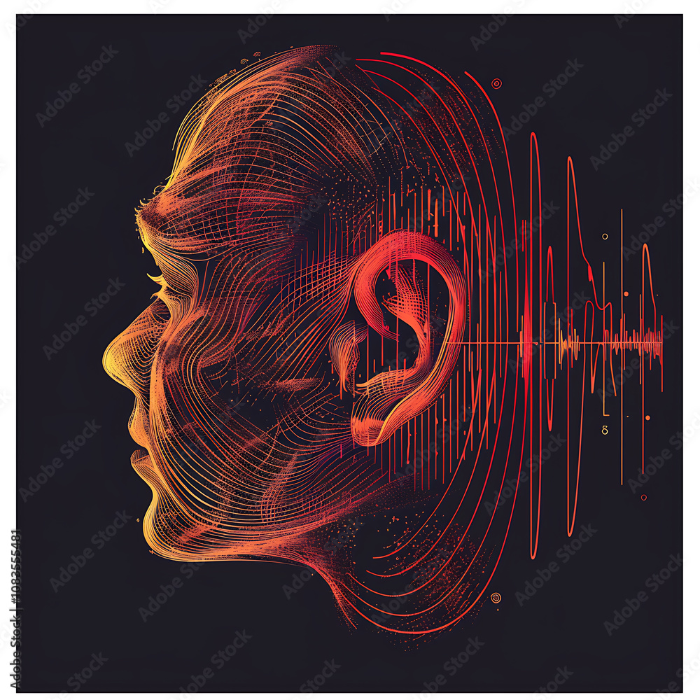 Poster modern graphic illustration of ear with audio waves, showcasing sound and emotion. vibrant colors an