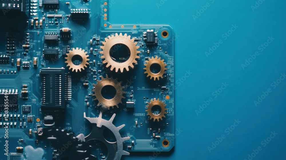Fototapete A microprocessor surrounded by brass gears on a blue circuit board showcases the fusion of technology and mechanical design in engineering. Generative AI