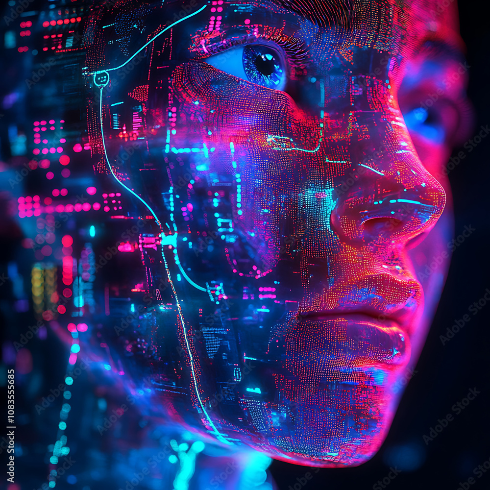 Poster futuristic digital face with neon colors, showcasing technology and data visualization. vibrant patt