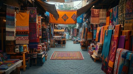 A narrow alleyway lined with colorful woven rugs and textiles in a bustling market.