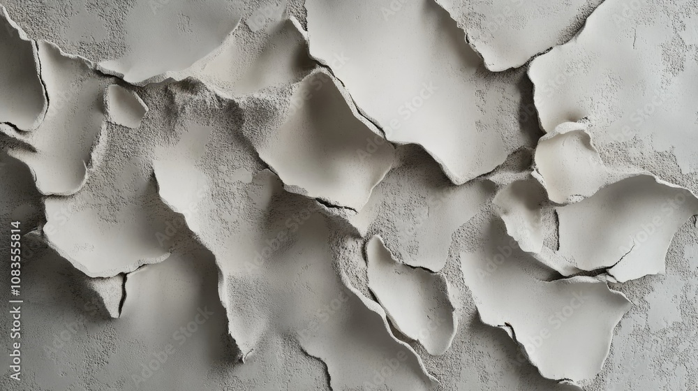 Poster abstract textured background with layers of torn and peeling white paper in a subtle gray tone for c