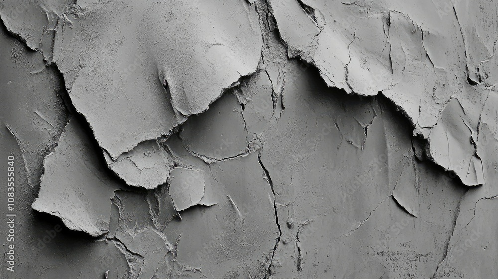 Poster cracked and peeling gray wall texture with layers, showcasing abstract patterns and surfaces in mono