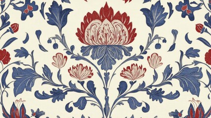 A printed textile design with an ornamental blue and red floral pattern