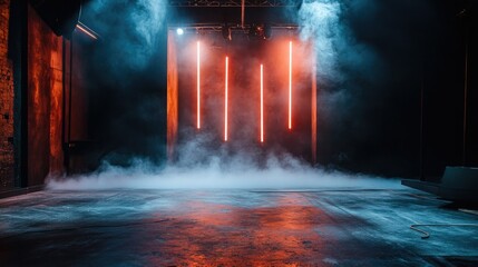 Fototapeta premium Dramatic Stage with Neon Lights and Fog Creating an Atmospheric Setting for Events, Performances, and Creative Productions in a Unique Venue Environment