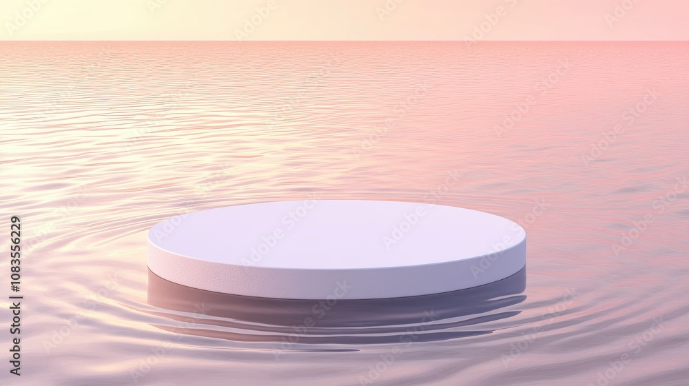 Poster serene circular platform floating on calm water with a gentle pink and orange horizon at dusk, ideal
