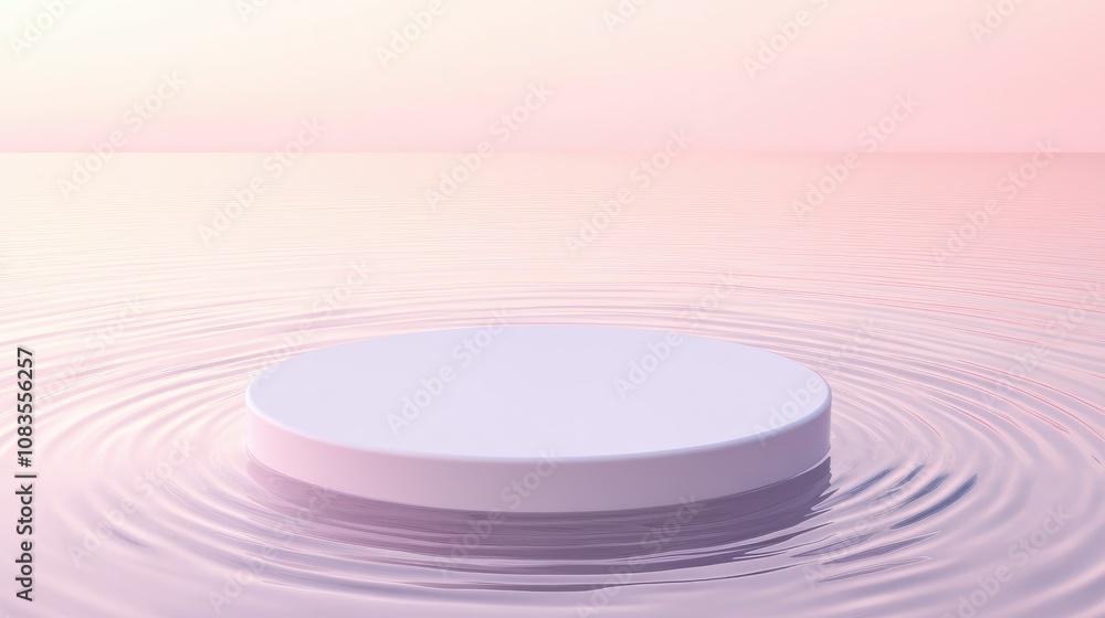Poster tranquil water surface with circular platform reflected in soft pastel tones, creating a serene and 