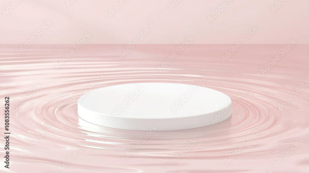 Poster minimalist display concept with white round platform on soft pink water surface creating gentle ripp