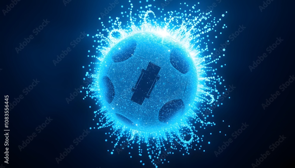 Poster a vibrant football dissolving into particles with glowing effects, perfect for sports and dynamic vi