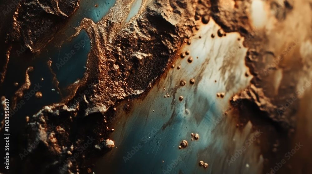 Poster abstract macro background with earthy tones and textured patterns featuring rich blues and metallic 