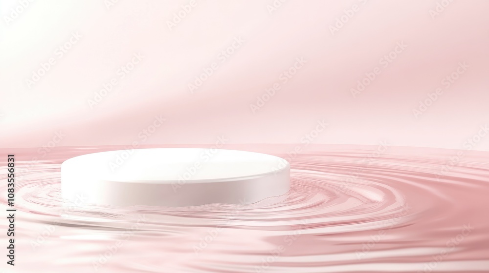 Poster serene circular platform floating on gentle waves of pink water, ideal for product display and creat