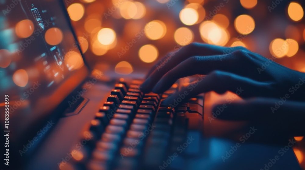 Poster a close-up of hands typing on a keyboard with a blurred background of warm lights.