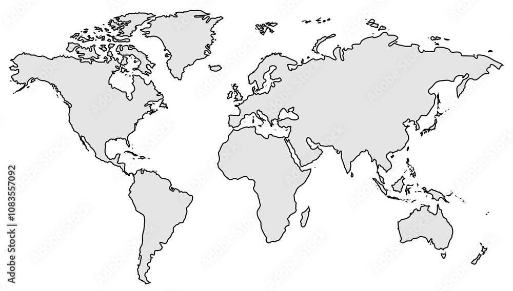 Aufkleber World map showing continents outlined inwith grey fill, isolated on a white background. Clean and simple layout design concept for templates