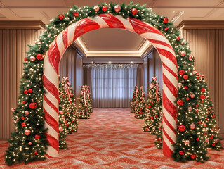Festive Candy Cane Archway Leading to a Christmas Wonderland with Decorated Trees and Twinkling Lights in an Elegant Holiday Setting