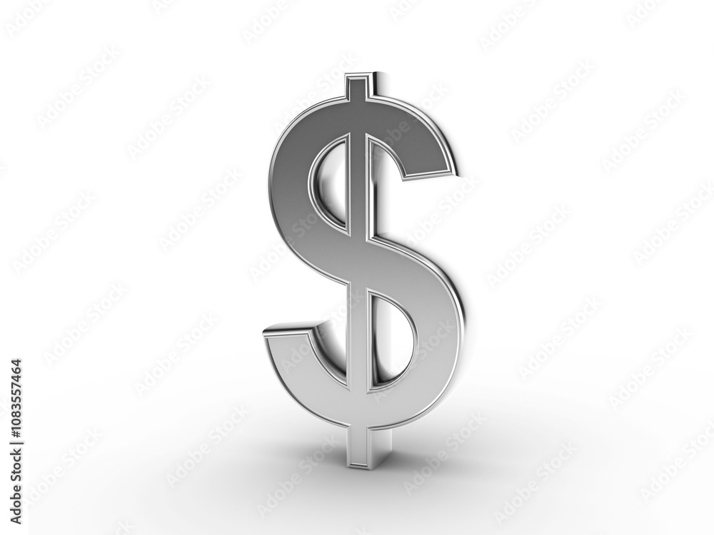 Poster a metallic 3d dollar sign symbol is placed on a clean white background. the design emphasizes financ