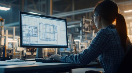 Male engineer working on CAD design in manufacturing facility. Horizontal. engineering firm, industrial design companies, architecture bureau, technical education, manufacturing facility marketing