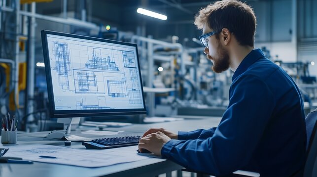 Male engineer working on CAD design in manufacturing facility. Horizontal. engineering firm, industrial design companies, architecture bureau, technical education, manufacturing facility marketing