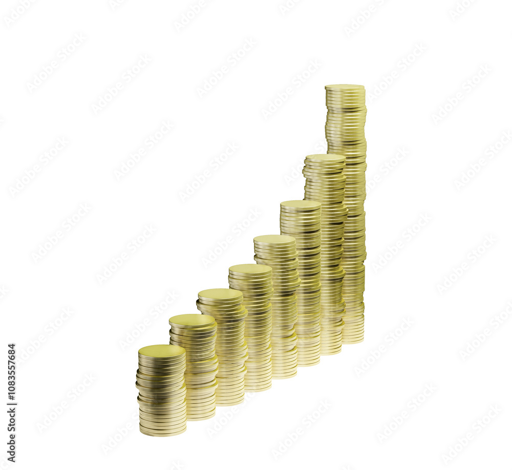 Poster stacks of gold coins arranged in an ascending order. isolated on a white background. concept of fina