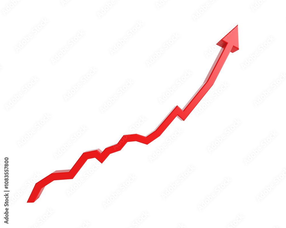 Poster red upward arrow shaped in a zigzag pattern, depicting growth or an upward trend, isolated on a whit