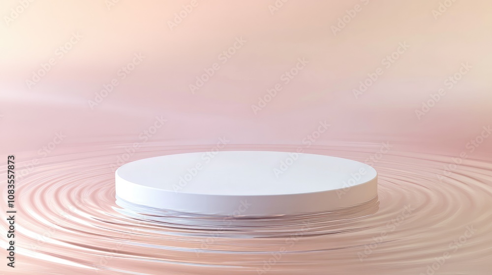 Poster minimalist white platform on calm water surface with gentle ripples and soft pink background for pro