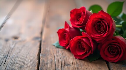 Naklejka premium A beautiful bouquet of four vibrant red roses sits in a vase on a rustic wooden table, viewed from above