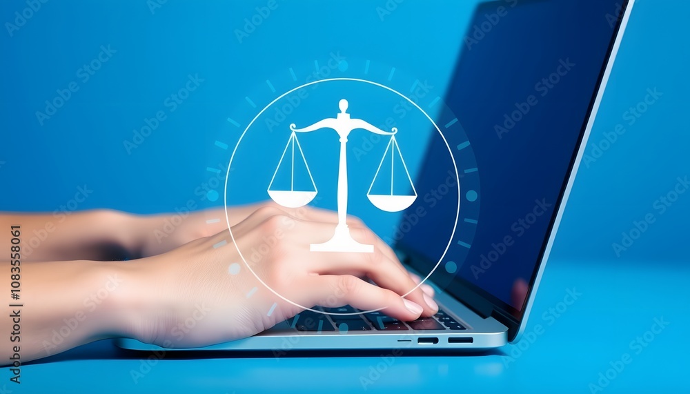 Poster hands typing on a laptop with justice scale icon hologram overlay: a representation of legal tech an